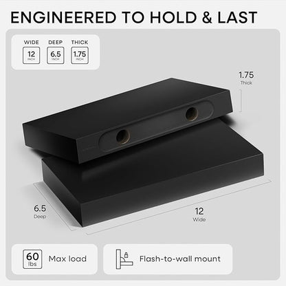 Homeforia Floating Shelf Black 12 inch, High End Solid Real Wood Small 12inch Floating Shelves for Wall Mounted, Black Wooden 12 in Floating Shelves, Heavy Duty Bracket, 12 X 6.5 X 1.75 inch, Set of 3