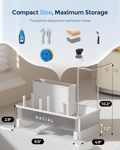 Nacial Sponge Holder for Kitchen Sink, Sink Caddy Organizer with High Brush Holder & Two Towel Racks - Rustproof 304 Stainless Steel Kitchen Countertop Storage Essentials - White