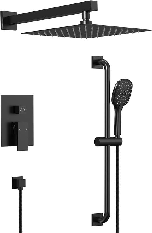 Matte Black 10 Inch Rainfall Shower System with Handheld Spray & Adjustable Slide Bar, Wall Mount Bathroom Shower Faucet Set, Valve Included