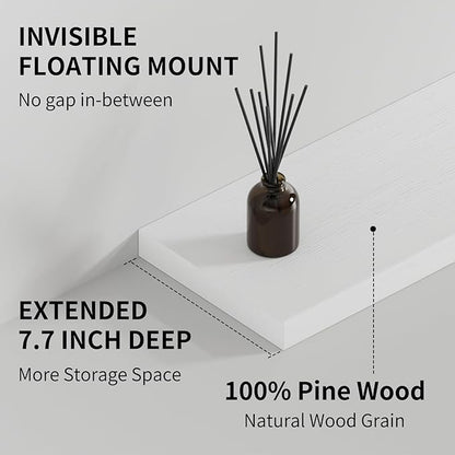SAUMONIERES Floating Shelves 8 Inch Deep Solid Wood Wide Wall Shelf Set of 1 Wall Mounted for Bedroom Bathroom Living Room Kitchen, 48 Inch White