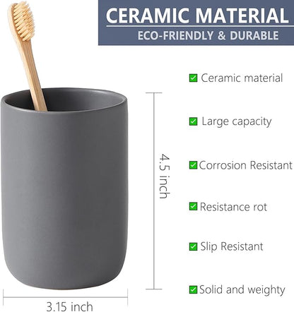 Matte Grey Toothbrush Holders for Bathrooms - Ceramic Toothbrush Toothpaste Holders Set, Grey Bathroom Tumbler Cups Reusable Toothbrush Cup, Counter Organizer