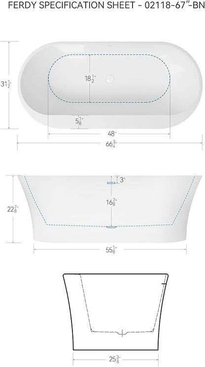 FerdY Mauritius 67" Acrylic Freestanding Tub, Oval Contemporary Soaker Tub, Extra Deep Bathtub,Gloss White Drainage and Minimalist Linear Design Overflow, Modern White, cUPC Certified