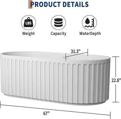 GarveeLife Freestanding Bathtubs 67 inch White Acrylic Free Standing Soaking Tub – Sleek Striped Design with Integrated Overflow, Pop-Up Drain & Hidden Pipe, Perfect for Contemporary Bathroom Décor
