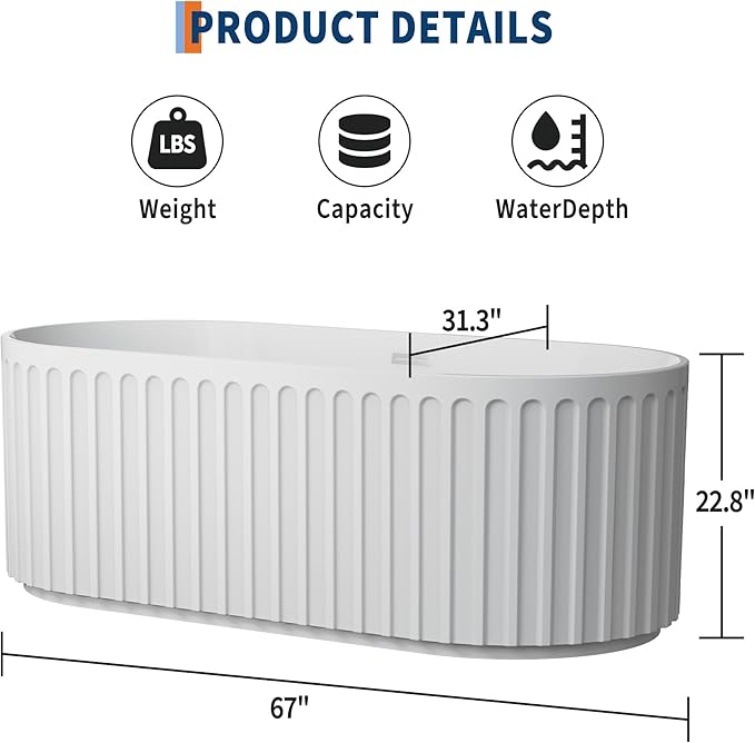 67-in Freestanding Bathtub - Acrylic Soaking Tub with Overflow Drain - CUPC Certified Thickened Design Glossy White for Bathroom