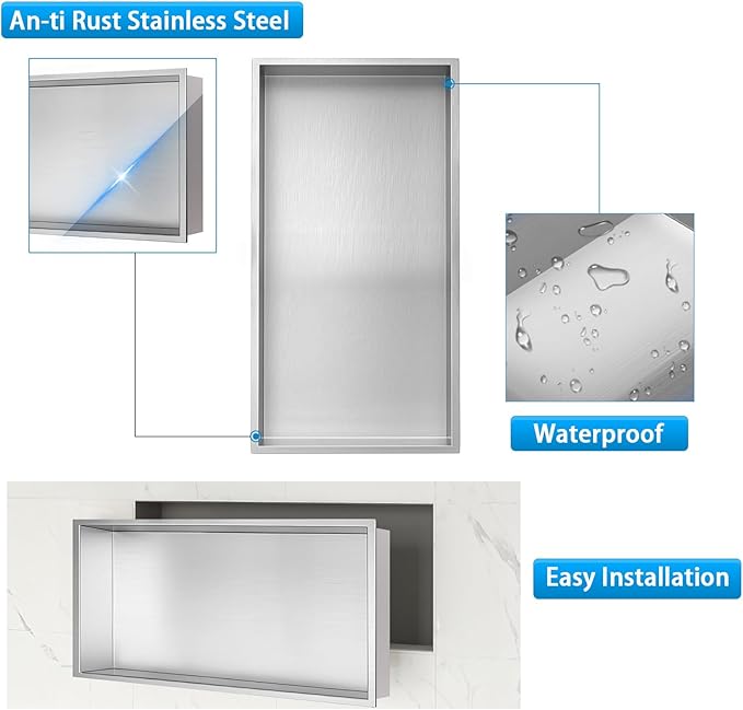 Shower Niche, Stainless Steel Elegant Bathroom Niche, No Tile Needed Recessed Shower Shelf Organizer for Storage