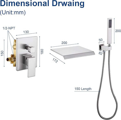 Taplong Wall Mount Tub Faucet with Waterfall Tub Spout Wall Mounted Bathtub Faucet with Handheld Shower Single Handle Tub Filler, Shower Faucet Set with Rough-In Valve, Brushed Nickel,91266BN