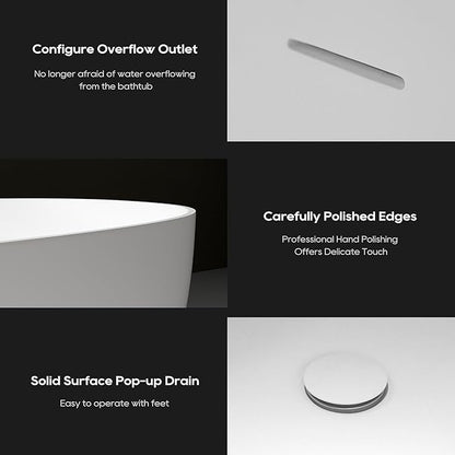 SJ STAR&JANE 59" Freestanding Solid Surface Bathtub, Oval Stone Resin Soaking Tub Stand Alone Tub with Pop-up Drain & Overflow Matte White