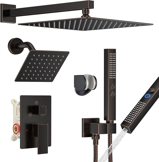 Shower Faucet Set, Wall Mount Shower System 12 and 6 Inch Dual Shower Head Set with 2 in 1 Handheld Spray Rain Shower Faucet with Rough-in Valve and Shower Trim Kit, Oil Rubbed Bronze