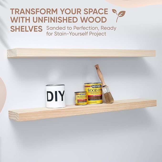 Homeforia Wood 48 inch Floating Shelf, High End Solid Natural Wood 48inch Floating Shelves for Wall Mounted, Unfinished Wooden Large Floating Shelves, Heavy Duty Bracket, 48 X 6.5 X 1.75 in, Set of 2