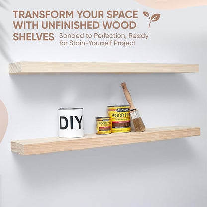 Homeforia 42 inch Wood Floating Shelf, High End Solid Natural Wood 42inch Large Floating Shelves for Wall Mounted, Unfinished Wooden Floating Shelves, Heavy Duty Bracket, 42 X 6.5 X 1.75 in, Set of 2