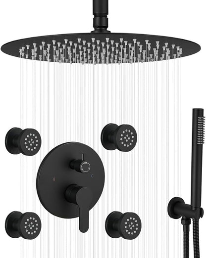 Matte Black Round Shower Faucet Set with Body Jets 16 Inch Shower Head Handheld Shower Combo Set High Pressure Ceiling Mount with Rough-in Valve