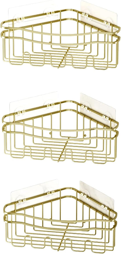 Gold corner shower caddies with depth caddy and Built in 12 hooks rustproof wall mounted No drilling No marring adhesive bathtub corner organizer for bathroom kitchen and laudry room