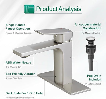 VOTON Brass Bathroom Faucet, Brushed Nickel Finish, Single Handle, 1 or 3 Hole Installation, Pop-up Drain, Flexible Hoses