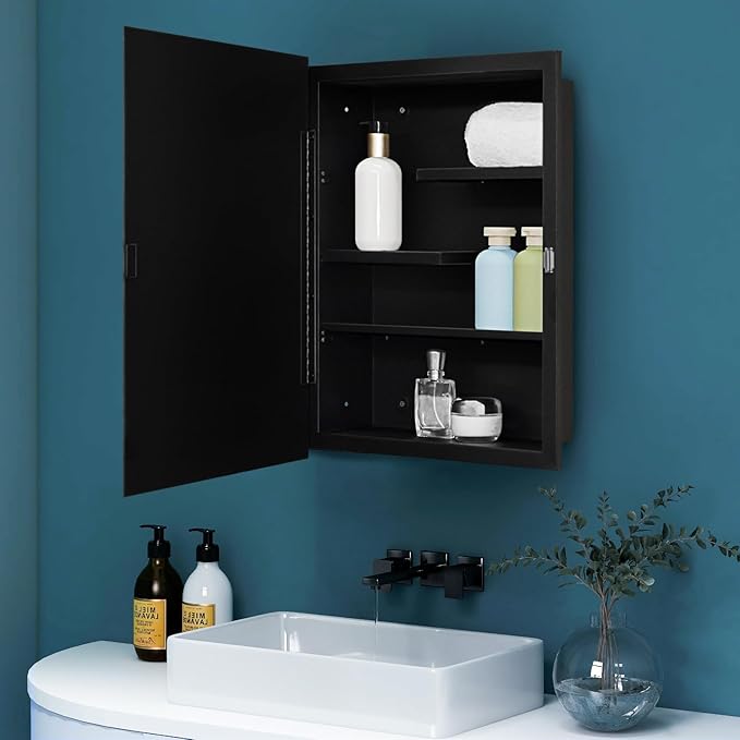Fundin Black Medicine Cabinet with 16 x 20 Beveled Mirror & Adjustable Staggered Shelves, Recessed or Surface Mount Bathroom Medicine Cabinet