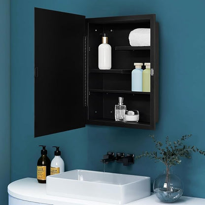 Fundin Black Medicine Cabinet with 16 x 20 Beveled Mirror & Adjustable Staggered Shelves, Recessed or Surface Mount Bathroom Medicine Cabinet