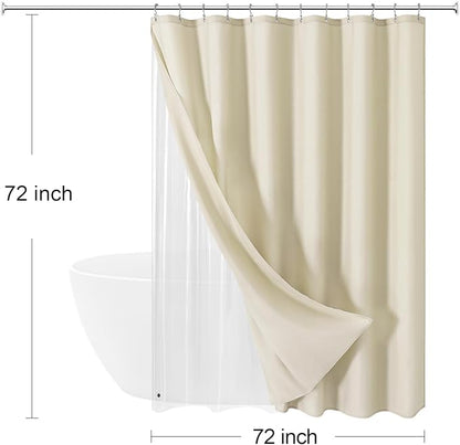 MitoVilla 3 in 1 Shower Curtain Set, Neutral Boho Farmhouse Linen Textured Bath Curtain and Clear PEVA Liner Set with 12 Double Sided Steel Hooks, Waterproof Fabric Hotel Bathroom Curtain - 72x72
