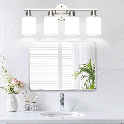 4-Light Bathroom Light Fixtures, Brushed Nickel Modern Vanity Lights with Milky White Frosted Glass Shades, Bathroom Wall Lamp for Mirror Kitchen Living Room
