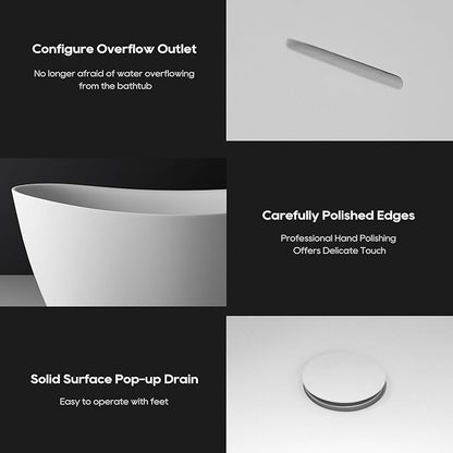 SJ STAR&JANE 65" Solid Surface Freestanding Bathtub Stone Resin Tub Oval Double Slippers Stand Alone Soaking Tub with Pop-up Drain and Overflow, Matte White