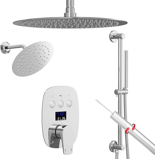 Chrome Shower Slide Bar System with 12inch Ceiling Rain Shower Head and 8inch Shower Faucet Set In Wall, Temperature Display Shower Faucet System Fixture with 2 in 1 Handheld Shower Wand
