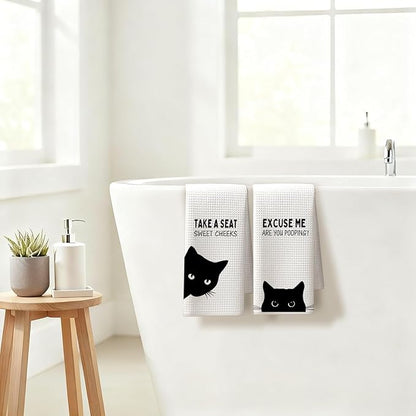 Funny Black Cat Bathroom Hand Towels, Cat Bathroom Decor, Sweet Cheeks Funny Kitten Kitty Decorative Hand Tea Towels for Washroom Restroom, 16x24 Inches Set of 2