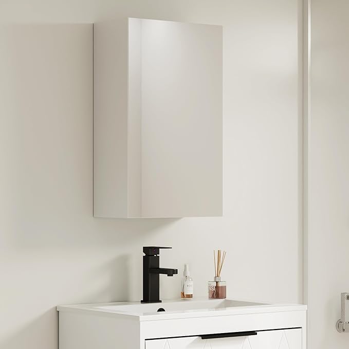 eclife 24" Bathroom Medicine Cabinet W/Mirror, Single Door Bathroom White Wall Mount Mirror Cabinet, Hanging Triple Shelf Storage Cabinet Opens Left and Right