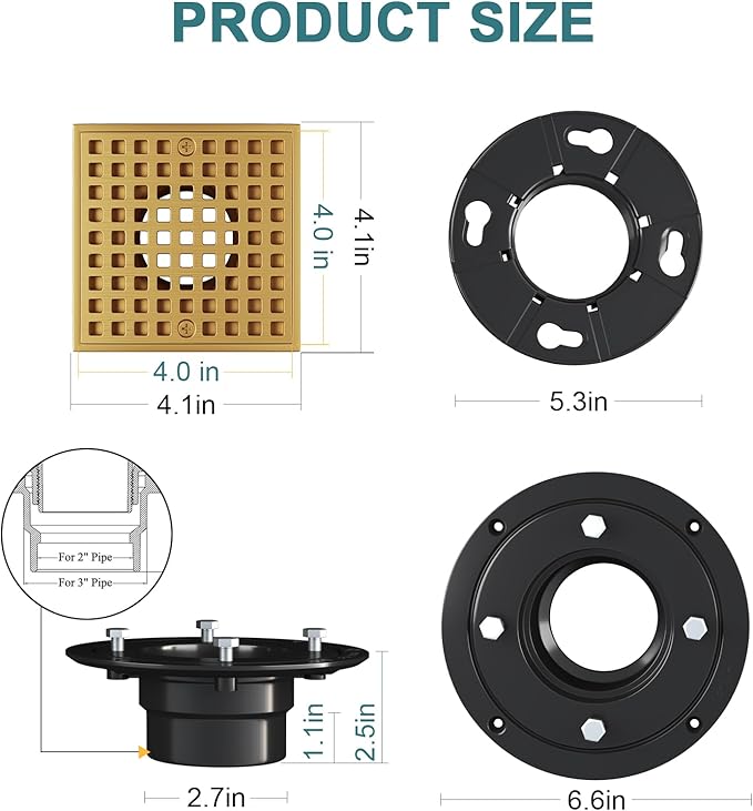 Champagne Bronze Shower Drain 4-1/4 Inch - Square Shower Floor Drain Kit with ABS Flange for 2" or 3" Pipe, Drain with Hair Strainer,Removable Strainer Cover,SUS304 Stainless Steel & CUPC Certified