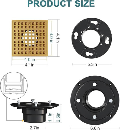 Champagne Bronze Shower Drain 4-1/4 Inch - Square Shower Floor Drain Kit with ABS Flange for 2" or 3" Pipe, Drain with Hair Strainer,Removable Strainer Cover,SUS304 Stainless Steel & CUPC Certified
