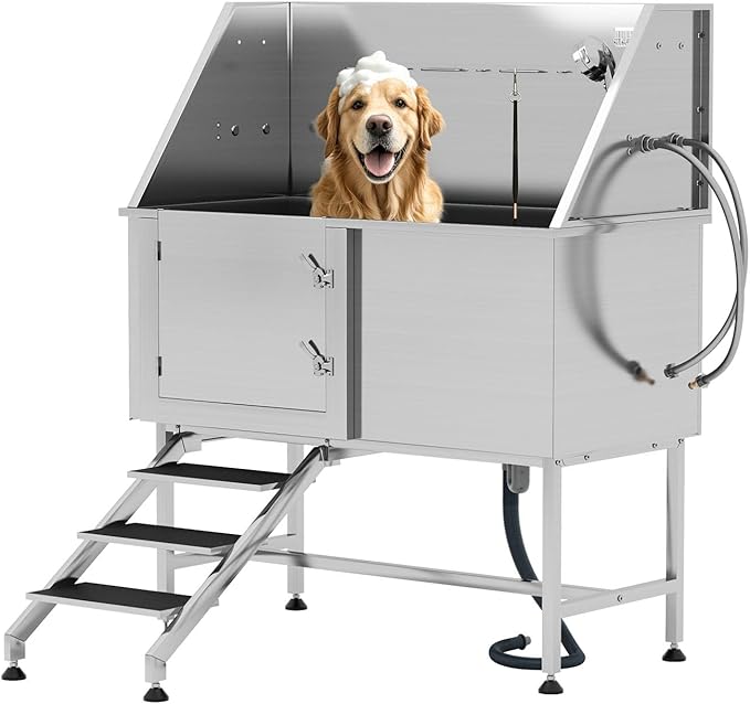 Albott 50 in Professional Dog Washing Station - 304 Stainless Steel Pet Bathtub with Stairs Features Adjustable 3-Speed Showerhead, Removable Grates, Easy to Clean, L-Size (Left)