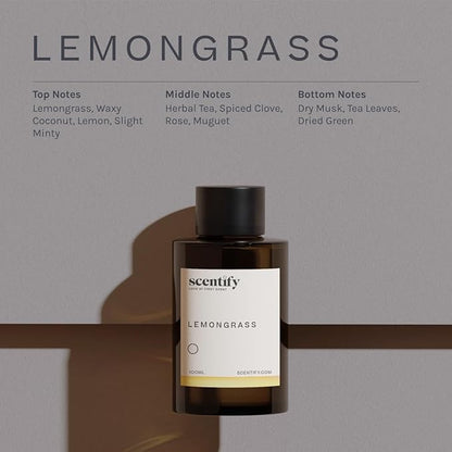 Scentify Lemongrass Aroma Oil Refill Scent for Oil Diffusers - Lemongrass, Clove, Musk Scents - Luxurious Relaxing Aromatherapy Diffuser Fragrance 100ml, 3.38 oz