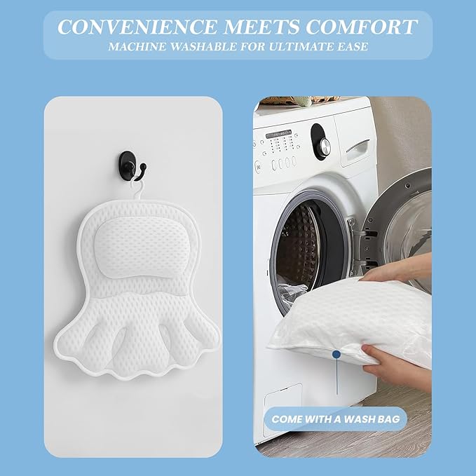 Bath Pillow for Tub | 4D Air Mesh Fabric - Plush Bathtub Pillow for Neck & Back Support, Hot Tub Pillow with 6 Non-Slip Suction Cups | Spa Pillow for Relaxation and Comfort (White).