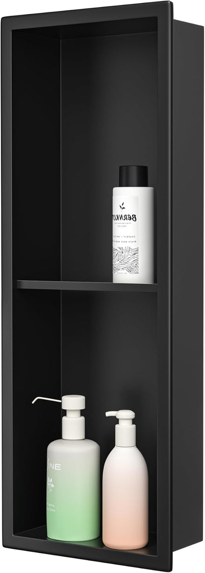 Stainless Steel Shower Niche Matte Black 8"×24" with 2-Tiers Shelf No Tiled Needed Niche Shower for Bathroom Wall Storage Recessed Metal Shower Shelf Over-Mounted Installation