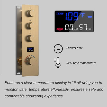 Digital Shower System Brushed Gold Shower Faucet Set with Wall Mount 8 inch Shower Head and 6 PCS Body Jet, Handheld Shower, with Tempreature Display Function
