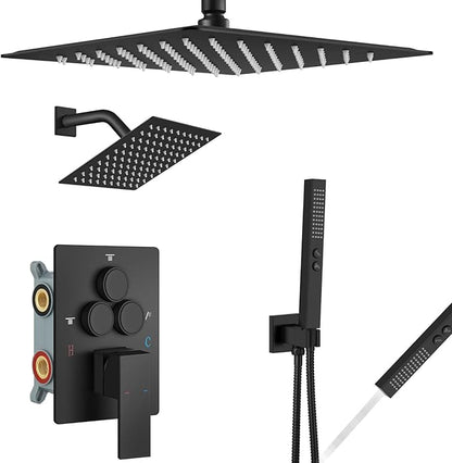 Aolemi Shower Faucet Set Ceiling Mount Shower System Rough-in Valve and Shower Trim Kit 12 and 6 Inch Dual Shower Head 2 in 1 Handheld Spray Push Button Diverter Matte Black