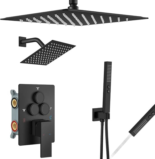Aolemi Shower Faucet Set Ceiling Mount Shower System Rough-in Valve and Shower Trim Kit 12 and 6 Inch Dual Shower Head 2 in 1 Handheld Spray Push Button Diverter Matte Black