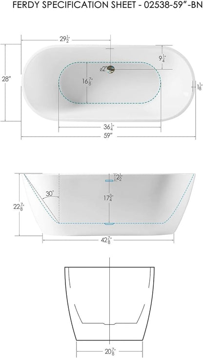 FerdY Bali 59" Acrylic Freestanding Bathtub, Gracefully Shaped Freestanding Soaking Bathtub with Brushed Nickel Drain & Minimalist Linear Design Overflow, Glossy White, cUPC Certified