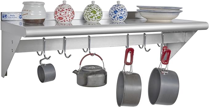 Hally Stainless Steel Shelf with 6 Hooks 12" x 36" Wall Mounted Pot Rack, NSF Commercial Floating Shelving for Storage Hanging Pots, Pans, cookware in Restaurant, Kitchen, Home and Hotel