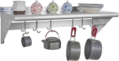 Hally Stainless Steel Shelf with 6 Hooks 12" x 36" Wall Mounted Pot Rack, NSF Commercial Floating Shelving for Storage Hanging Pots, Pans, cookware in Restaurant, Kitchen, Home and Hotel