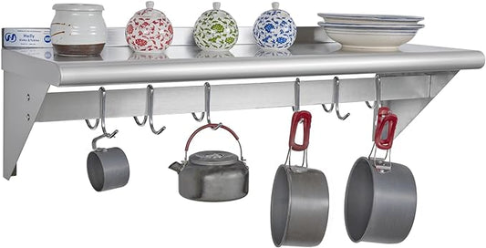Hally Stainless Steel Shelf with 6 Hooks 12" x 36" Wall Mounted Pot Rack, NSF Commercial Floating Shelving for Storage Hanging Pots, Pans, cookware in Restaurant, Kitchen, Home and Hotel