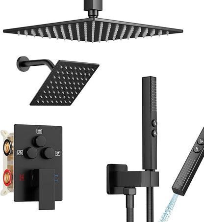 Shower Faucet Set Matte Black Shower System, Ceiling Mount 10 Inch Shower Head With Wall Mount 6 Inch Shower Head and 2 in 1 Handheld Spray, Push Button Diverter Shower Valve Trim Kit Complete