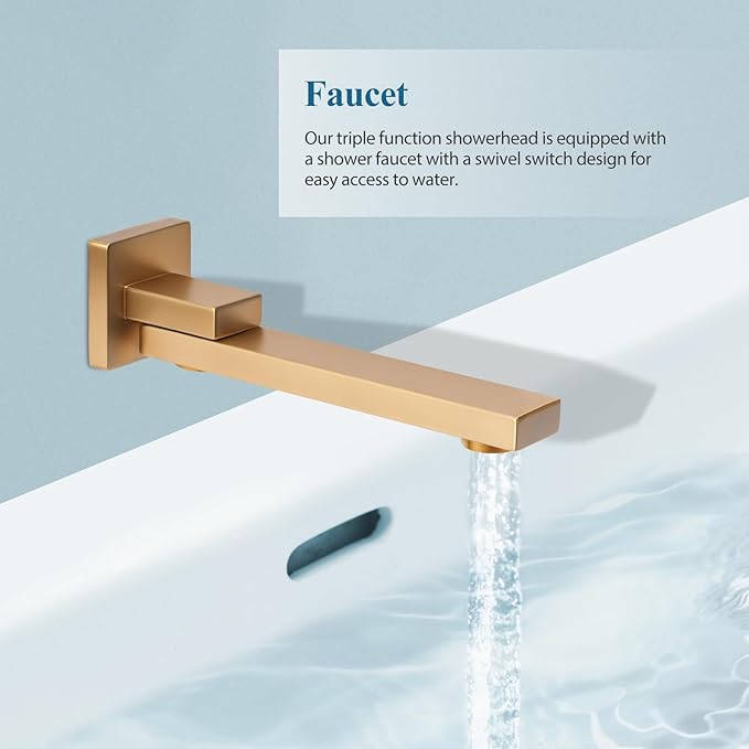 12 inch Square Shower Head and Handheld Set, Gasecoet Shower System with Tub Spout Wall Mounted Shower Faucet for Bathroom - Brushed Gold (With Shower Valve)
