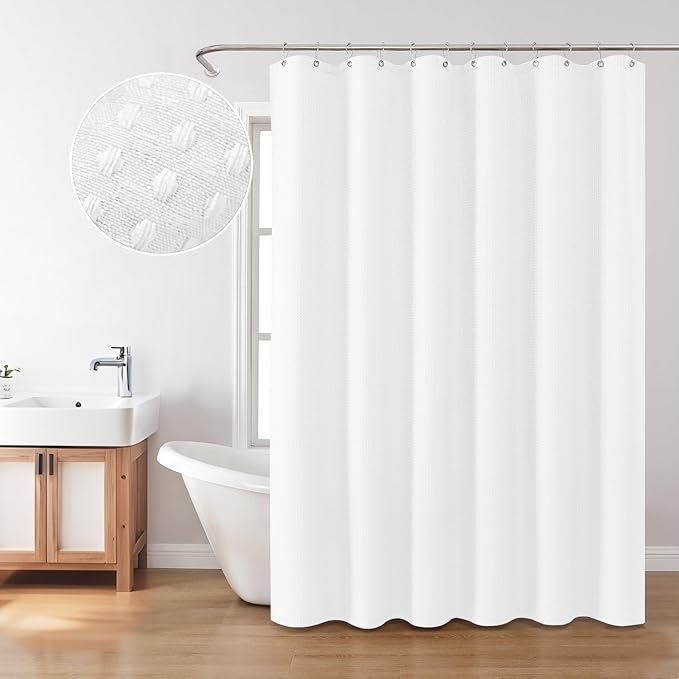 Inhousolu Fabric Shower Curtain Waffle Weave, 230 GSM Heavy Duty, Weighted Hem, 14 Metal Hooks, Water Repellent, Machine Washable, Hotel Spa Luxury Bath Curtain Set, 72 x 78 Inch, White