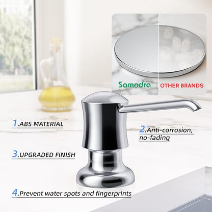 SAMODRA Built in Kitchen Sink Soap and Chrome Lotion Dispenser Built in Design for Counter Top with Large 12 OZ Liquid Soap Bottle