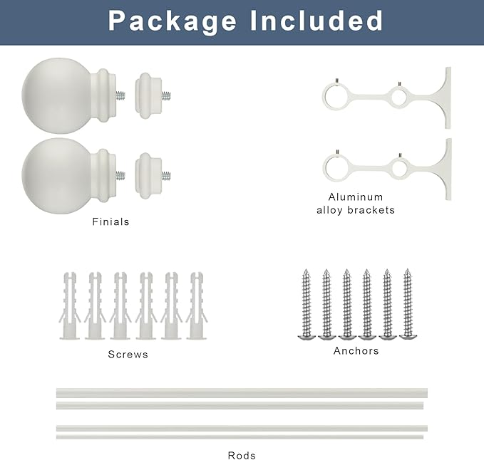Double Curtain Rod 28 to 48 inch, Adjustable 1 inch Double Drapery Rod Rods for Windows and Doors with Ball Round Finials and Premium Aluminum Brackets Set(28-48",Matte White)