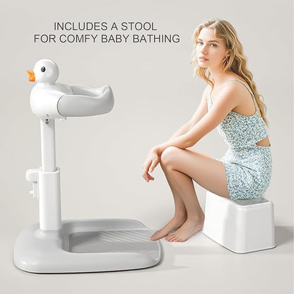 Baby Bath Stand with Built-in Seat - Duck Design - Anti-Slip Base - Baby Shower Stand for Sitting or Standing (White Beige)