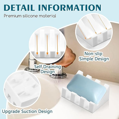 Silicone Soap Dish for Bar Soap Holder for Shower Bathroom Self Draining Waterfall Drying Tray Keep Soap Bars Dry Clean & Easy Cleaning (White, 2)