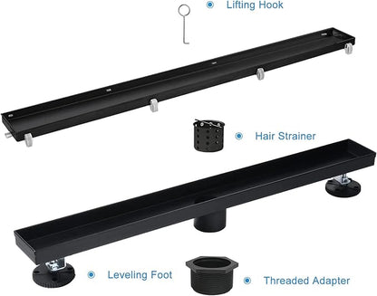 Linear Shower Drain, 40 inch Black Drain with Tile Insert 2-in-1 Panel, Brushed 304 Stainless Steel Shower Floor Drain, Linear Drain with Hair Strainer and Adjustable Feet