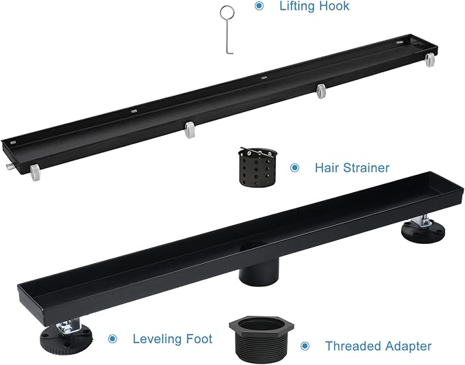 Linear Shower Drain, 24 inch Black Drain with Tile Insert 2-in-1 Panel, Brushed 304 Stainless Steel Shower Floor Drain, Linear Drain with Hair Strainer and Adjustable Feet