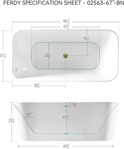 FerdY Maui 67" Acrylic Freestanding Bathtub, Contemporary Elegant Design Soaking Tub with Polished Gold Drain and Minimalist Linear Design Overflow, Easy to Install
