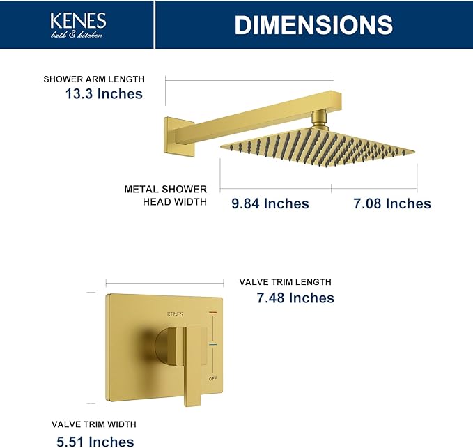 KENES Brushed Gold Shower Faucet, Modern Square 10-Inch Shower Head and Handle Set, Bathroom Rainfall Shower System Wall Mount, KE-6024B-4 (Including Shower Valve)