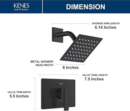 KENES Matte Black Shower Faucet with 6-Inch Shower Head and Handle Set, Square Shower Faucet Set Bathroom Rainfall Shower System Wall Mount, KE-6025B-2 (Shower Valve Included)